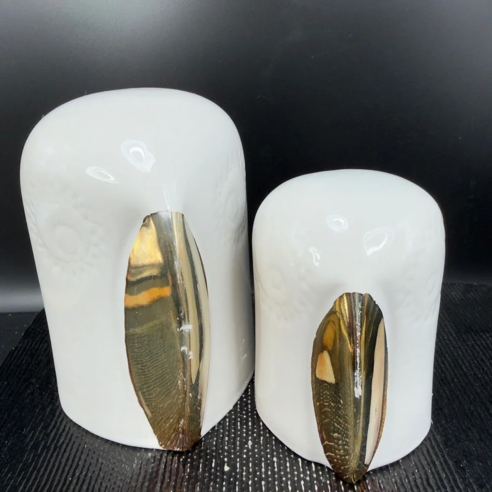 IKEA Ceramic Owl Figurine Set White Gold Metallic Beak Minimalist Decor set of 2